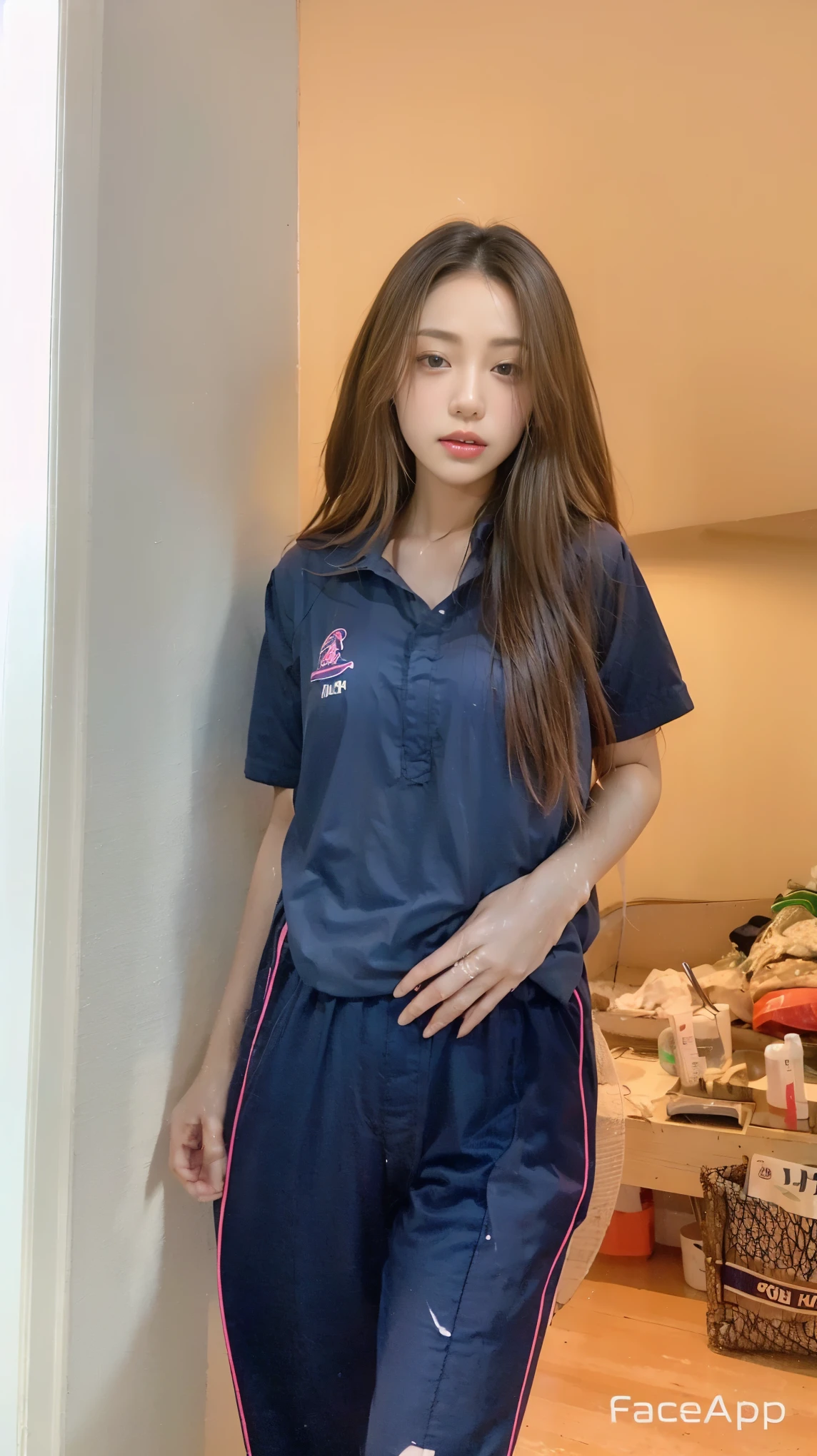 Songkran, wet street , A very realistic girl, wet soaked, drop, wet clothes, wet skin, wet hair, 8k, Masterpiece, realistic, beautiful,purple efficiency,Navy trousers,wet:1.5,dirty white powder