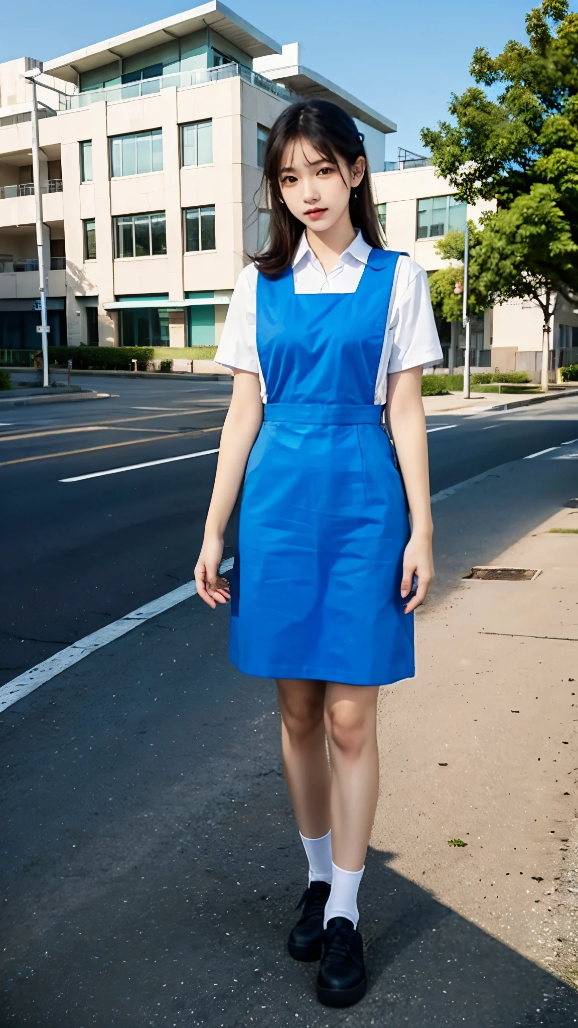 1girl with cute face and black hair, model posing, standing, wearing white shirt, pinafore length over knee, (blue uniform:1.2), wearing black shoes, white background, morning, full body, (masterpiece, top quality, best quality, official art, beautiful and aesthetic:1.2)