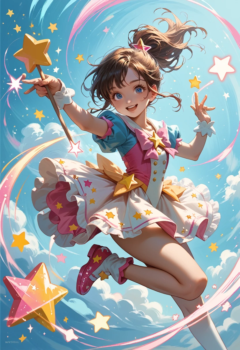 Magical girl twirling in the air, colorful star gradients from their fingertips, magic sticks, cute mascot sidekicks, and colorful sweets that pop,