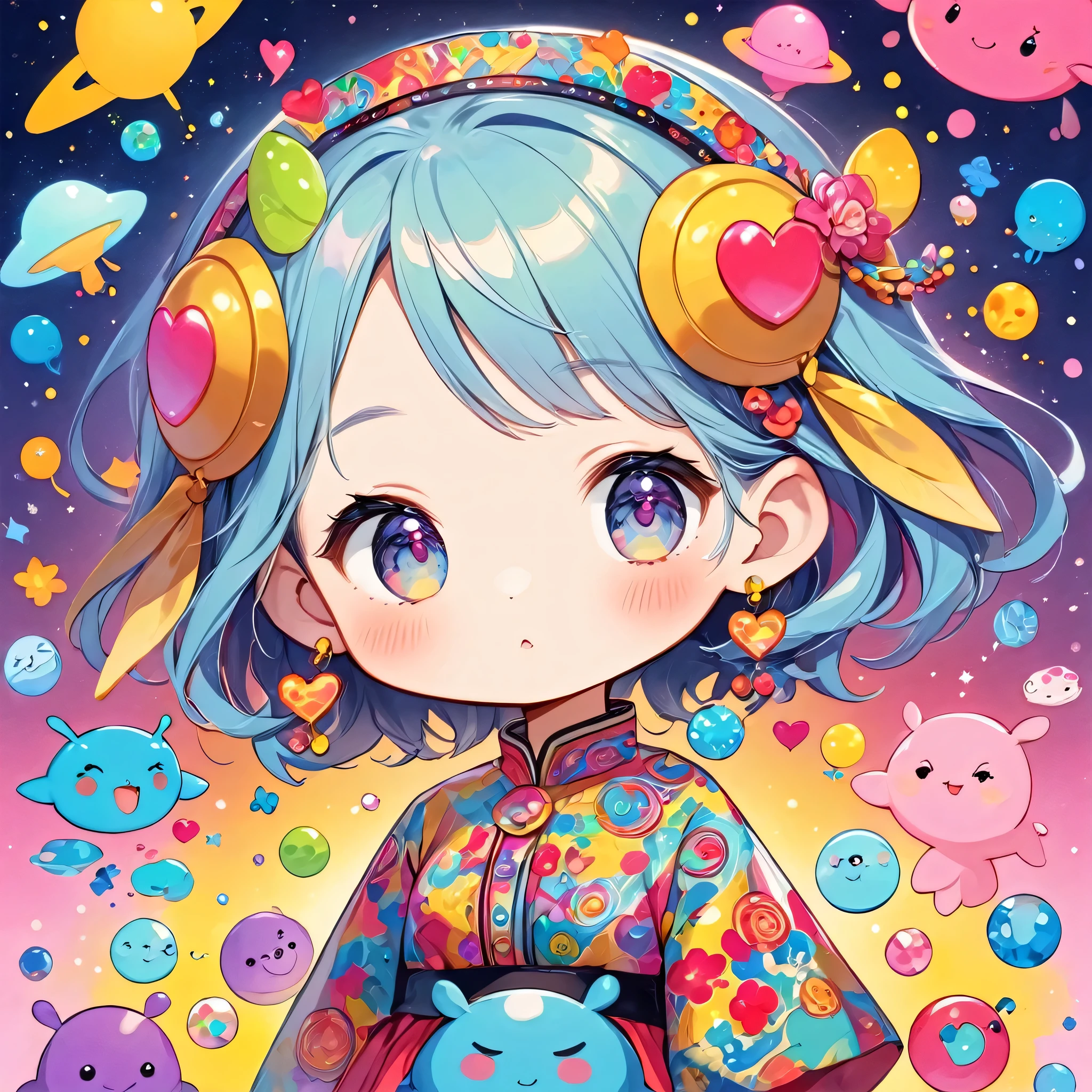 Mika Pikazo colorfull style, Simple Line Initialism,Abstract art,(((The most beautiful girl of all time))), (((chibi))), Sweet face. colorful hearts, funny design, (((bosom buddy ))), (((Cute Aliens))), The background is space