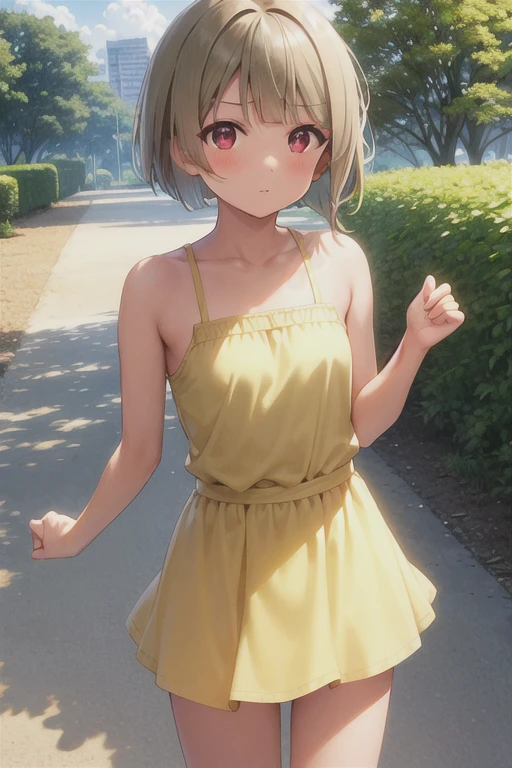 Tanned hair，Bobcut，short hair，ワンレングスBobcut，Asymmetrical Hairstyles，Long left hair，Red Eye，nakasu kasumi，Yellow camisole dress，Strong winds，Panty shot，Blushing face