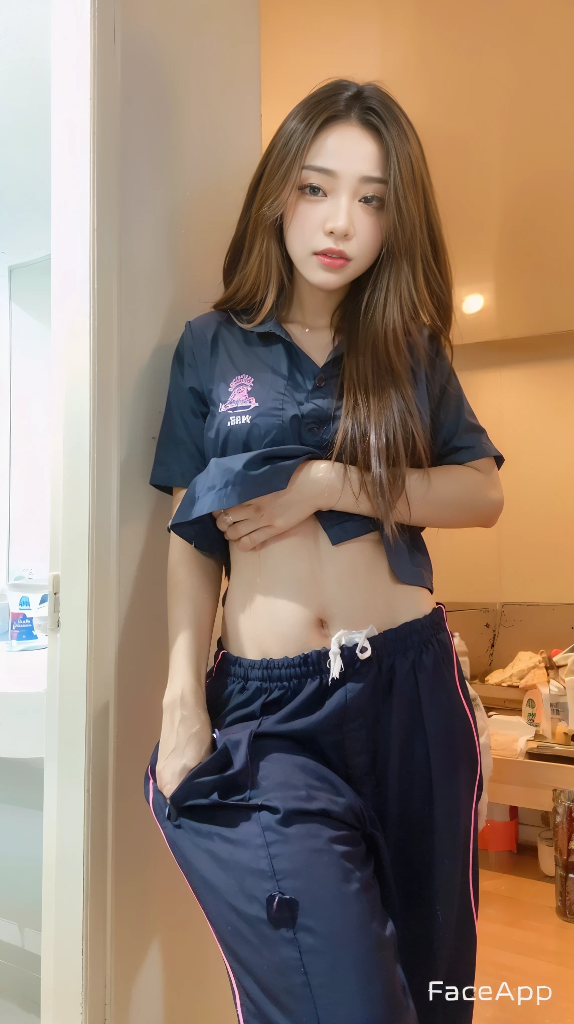 Songkran, wet street , A very realistic girl, wet soaked, drop, wet clothes, wet skin, wet hair, 8k, Masterpiece, realistic, beautiful,purple efficiency,Navy trousers,wet:1.5,dirty white powder