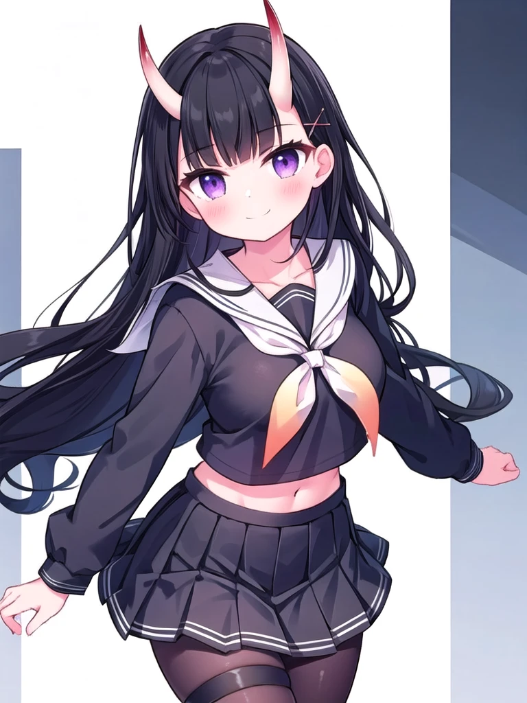 1girl, masterpiece, best quality, perfect hands, smile, blush, closed mouth, noshiro_azurlane, long hair, very long hair, horns, oni horns, black hair, purple eyes, bangs, blunt bangs, hair ornament, hairclip, breasts, x hair ornament, ((black serafuku)), ((black shirt)), white sailor collar, white bowtie, large breasts, black skirt, pleated skirt, black pantyhose, leg belt, thigh strap, long sleeves, straight hair, navel, midriff