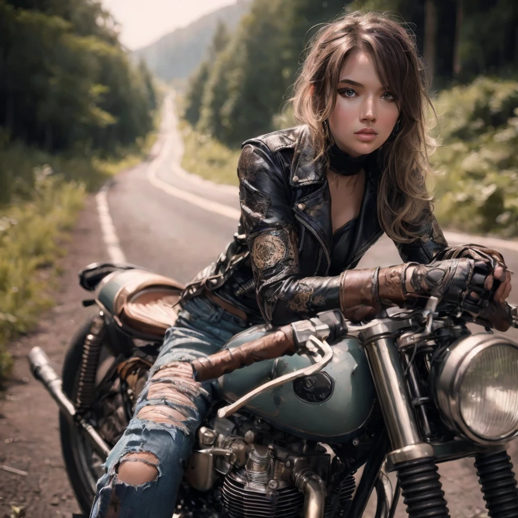  cafe racer, caucasian woman, perfect big natural breasts, riders wear, beautiful face, leather outfit, very intricate details, metallic paint, single road in wilderness, realistic photo, taken with Fuji film X-T30+Nokton. HDR10, 