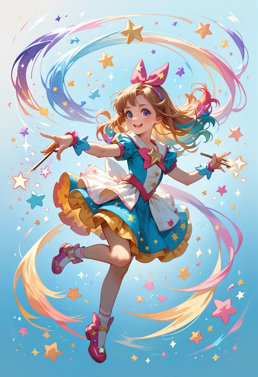 Magical girl twirling in the air, colorful star gradients from their fingertips, magic sticks, cute mascot sidekicks, and colorful sweets that pop, Colorful Gradient background