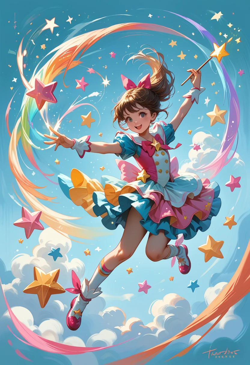 Magical girl twirling in the air, colorful star gradients from their fingertips, magic sticks, cute mascot sidekicks, and colorful sweets that pop, Colorful Gradient background