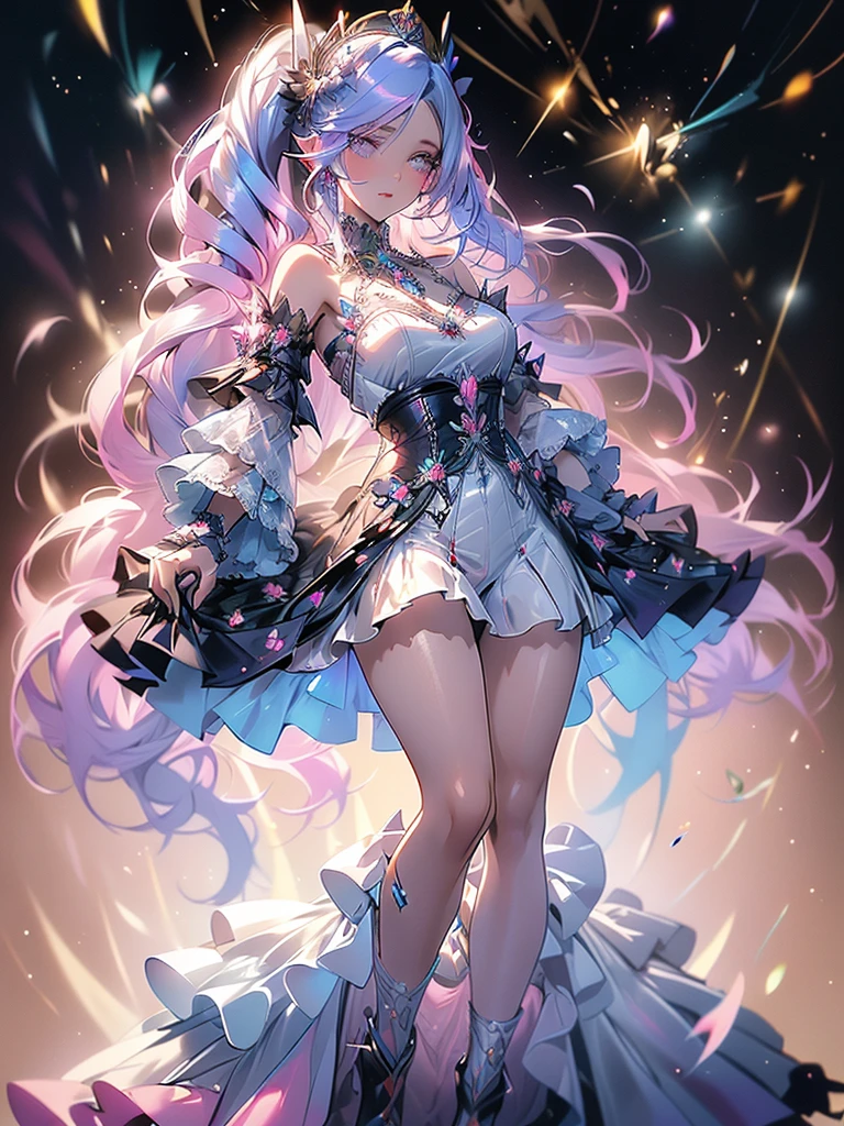 Masterpiece、Highest quality、Super detailed、1 girl、Big Tits、Cleavage、Gray Hair、Fluffy and soft long hair、Pink eyes、Heart Pupil、music、Lace cape、underwear、Ruffles and ribbons、Sparkling starry sky、Sprinkled with stars and crystals、smile、Pink Lipstick、Earrings、Lace veil