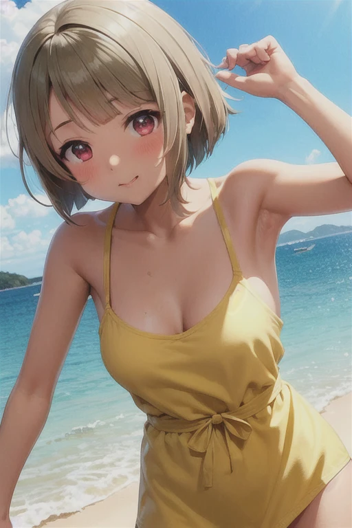 Tanned hair，Bobcut，short hair，ワンレングスBobcut，Asymmetrical Hairstyles，Long left hair，Red Eye，nakasu kasumi，Yellow camisole dress，Strong winds，Panty shot，Blushing face