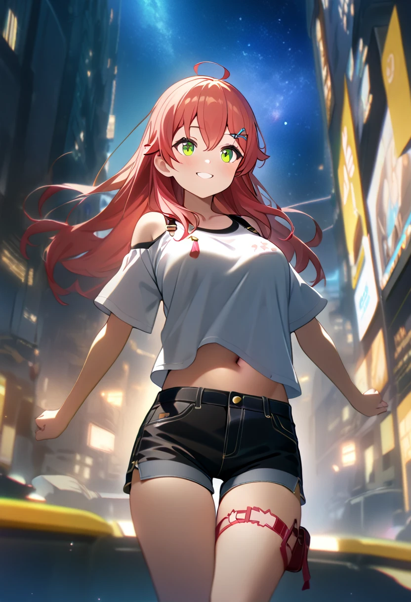 (8k、Best image quality、highest quality、masterpiece)、Detailed face、 1teen_girl、pink Hair、Long Hair、green_eyes、smile,(navel_peek)、(large_breasts),(White_short_T-shirt:1.5)、Off the shoulder、Black shoulder straps、(open_front_shorts,denim_short_shorts:1.2)、City Background, starry_sky_landscape ,sakura_miko,hololive,(covered_nipples:0.3), (belly_button:1.2),solo,stargaze,girl_looking_up_sky,shoot_boots,