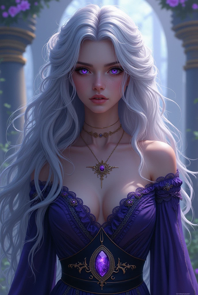 No underwear,, Woman with open legs, White hair, a purple eye,is shy,exposing her chest,long whitr hair