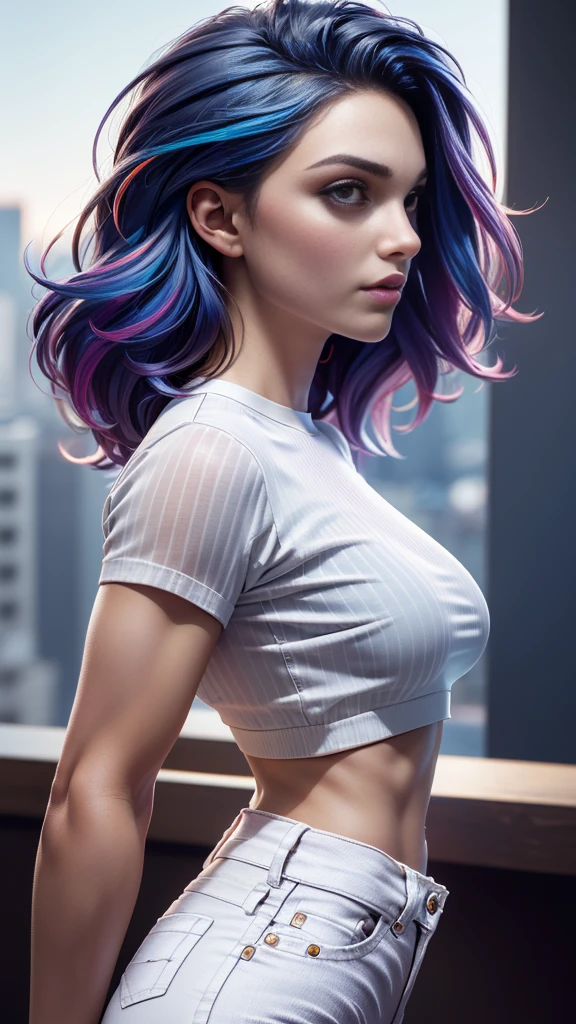 photo of celebrity, RAW, beautiful woman, ((portrait)), ((detailed face, colorful rainbow hair:1.2)), ((detailed facial feature, detailed skin, clear skin, parted lips), (perfect proportioned athletic body, large breasts, side boob), (shredded abs),(prominent bicep veins),(wearing a tight ((white)) crop top, blue booty shorts wearing stripes: 1.5)), (heavily muscled legs), (high detailed apartment balcony in the ciy: 1.3), (side profile, realistic photo, best quality, detailed), (8k wallpaper), (cinematic lighting, dramatic lighting) (sharp focus, intricate)