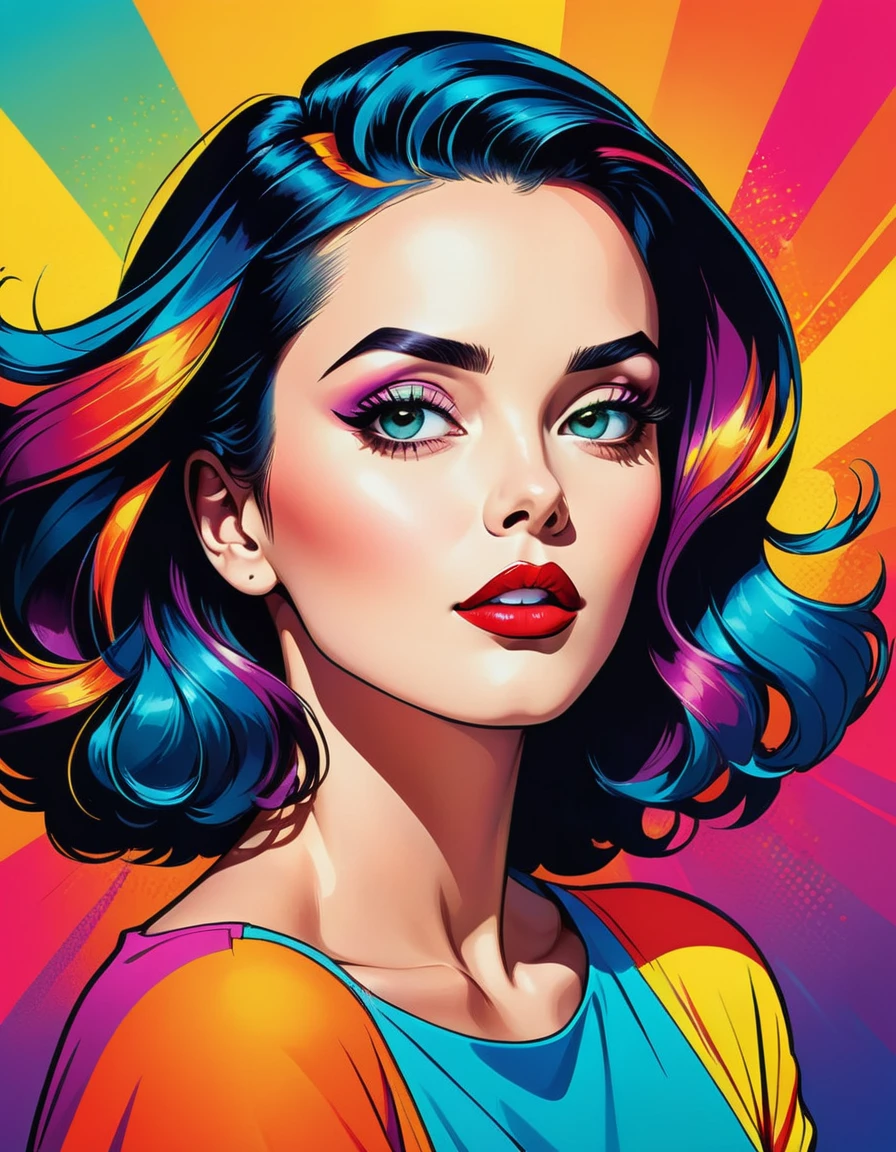 "Beautiful Woman Made of Colors" by Satori Canton🧸, stunningly beautiful model, hyperdetail eyes and face, Art by Eyvind Earle and Alberto Seveso and Jolanta Limonada, perfect colors, Painting exhibits a unique and highly stylized take on nature, drawing inspiration from simplicity and geometry to create almost surreal landscapes. The artwork is characterized by a keen attention to the shapes and patterns inherent in nature and the striking, bold use of color to create dramatic, almost magical scenes. The work is both precise and stylized, each scene rendered with a strong, defined sense of line and shape that abstracts and simplifies the complexities of the natural world into a harmonious composition of color and form. Trees, mountains, bodies of water and skies - each are stripped down to their basic geometric shapes, yet retain a remarkable sense of depth and realism. by Satori Canton.