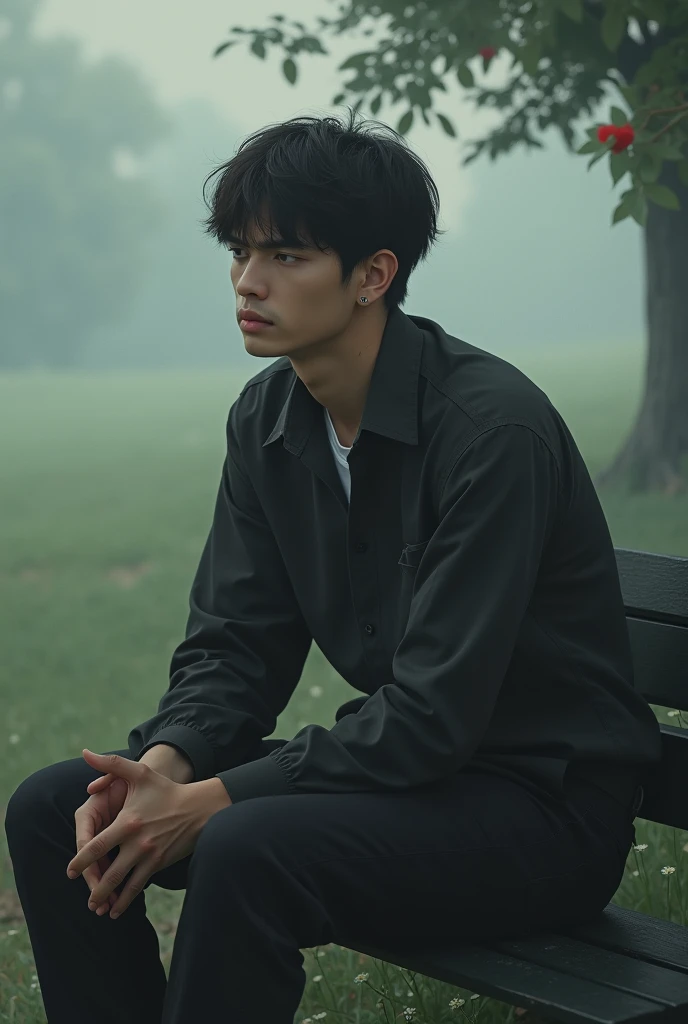 Boy sitting on bench, semi-wide hair, brown square glasses, green flannel, dark blue jeans, smoking, tired and black eyes