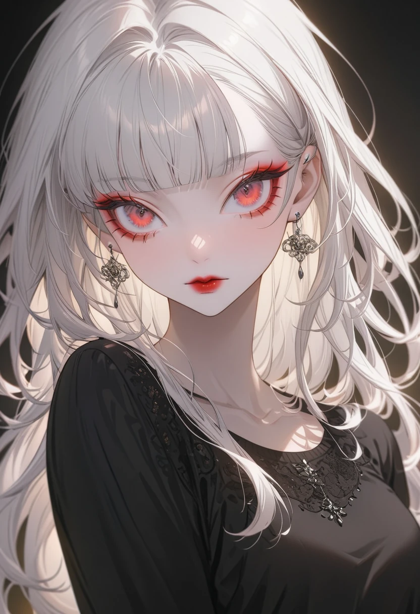 (Highest quality,Very detailed,High resolution:1.2),Albino beauty，Heavy bangs，Red Eyes，Long eyelashes, Casual clothing，Cool look, Exquisite makeup,