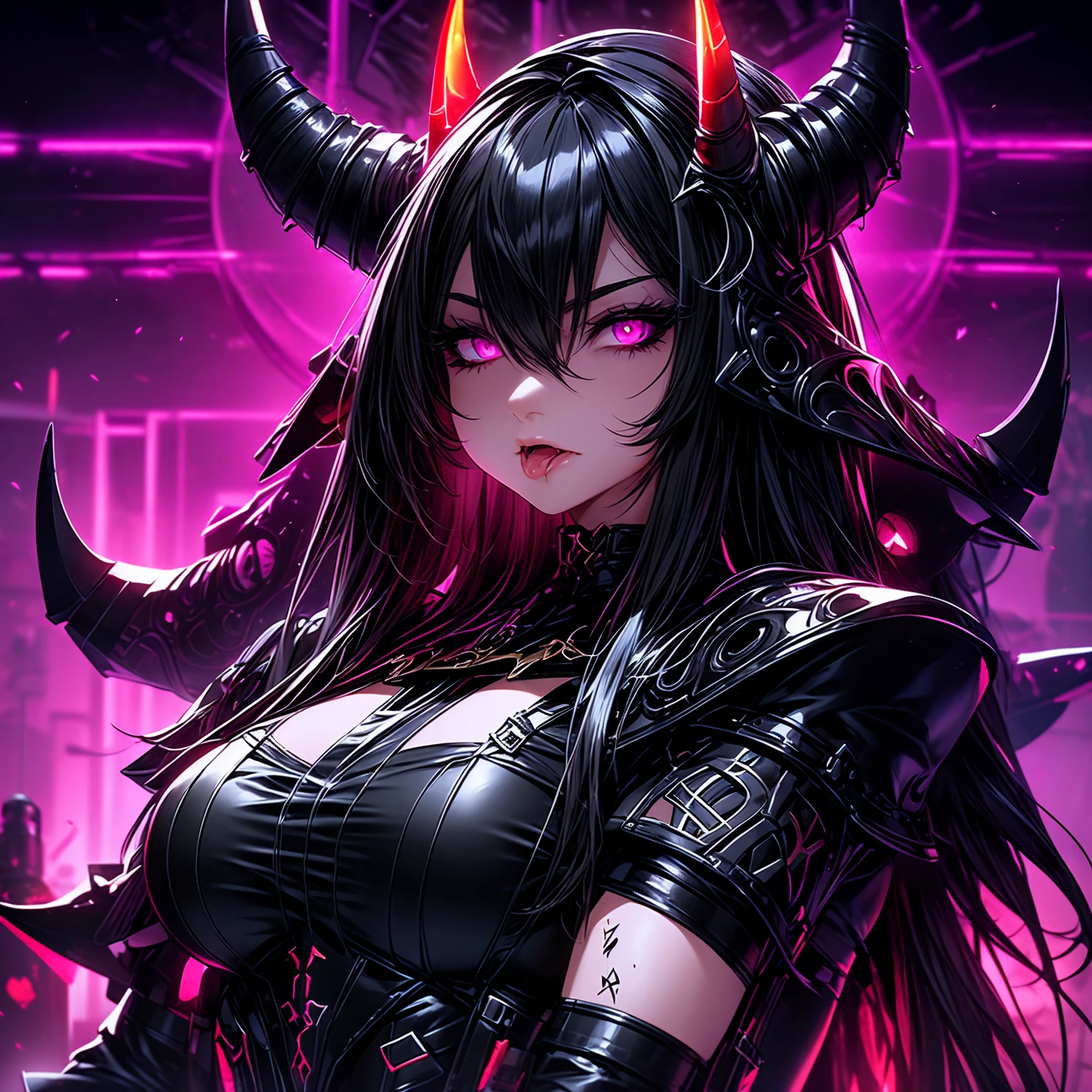 Create a black woman demoness with a heart at the end of her tail, featuring long white to pink gradient horns, extended fingers tails, glossy lips, a grinning and wild expression. Adorned with a pink heart armor chestplate, envision this in an 8K masterpiece with high-quality details, extreme accuracy, resembling a cinematic photograph with HDR effects.