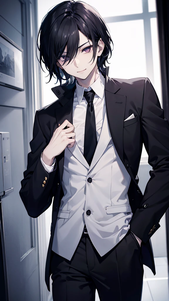male、32 years old、less beard、Tired face、Glaring eyes、Long bangs with a 7:3 part、Shot from the thigh up、Are standing、looking at the camera、Black suit、Plain white background、Single、Japanese salaryman