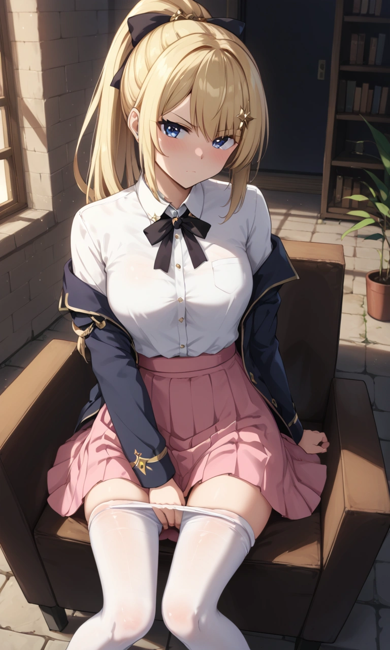 （(high quality/detailed/Beautiful Anime/Cel-shaded style shadows):1.5)/(dark//Brick Building/Inside the room)/(With eyes wide open/The pupils are small/A red-faced, glaring expression/(She sits on a chair, pulls down her pantyhose and masturbates/)/(Blonde/Black ribbon hair accessory/Ponytail/{Beautiful shiny blue eyes:0.8}/The outline is thin/((/((Simple shirt in black color))//Pink Skirt):0.9/White pantyhose:0.8)/(One Girl)