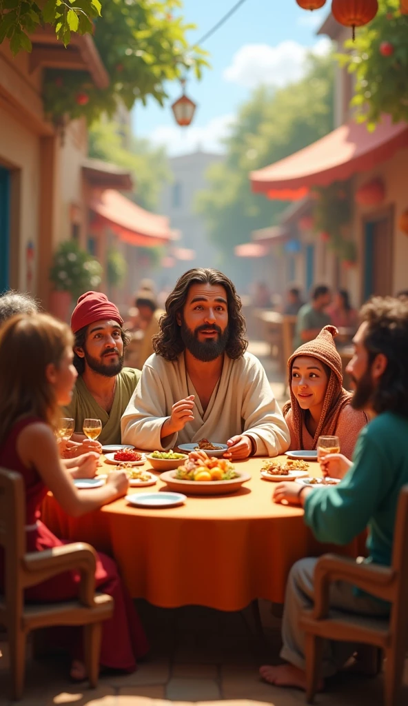 Jesus sitting at the table with his twelve male disciples sitting eating supper.