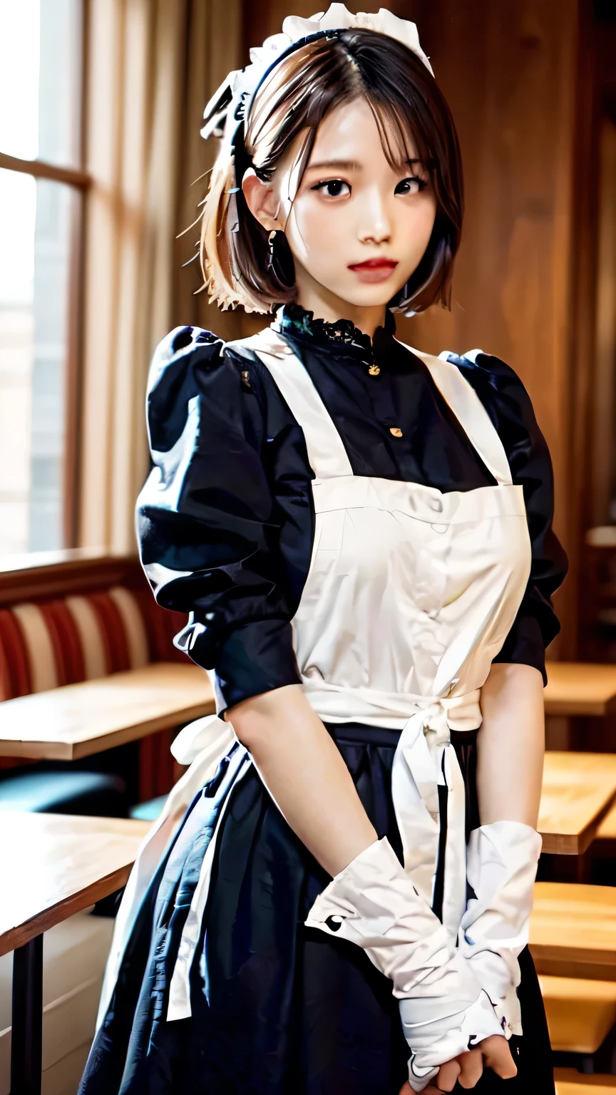 (Masterpiece: 1.2, Excellent), (Real Shot, Meticulous), Solo, 1Lady, School, Maid Outfit, Big Breasts