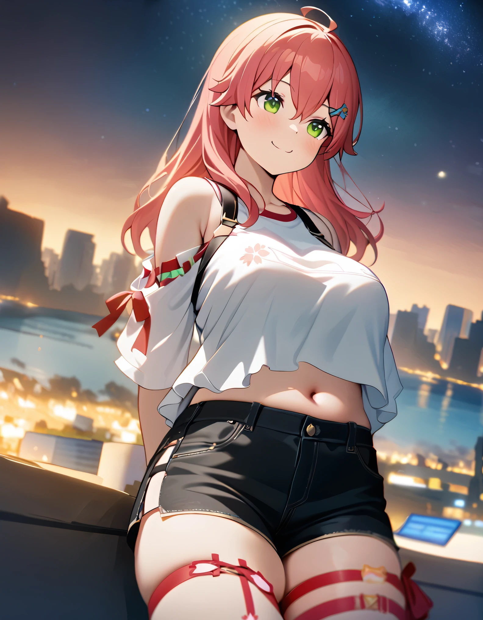(8k、Best image quality、highest quality、masterpiece)、Detailed face、 1teen_girl、pink Hair、Long Hair、green_eyes、smile,(navel_peek)、(large_breasts),(White_short_T-shirt:1.3)、Off the shoulder、Black shoulder straps、(open_front_shorts,denim_short_shorts:1.2)、City Background, starry_sky_landscape ,sakura_miko,(covered_nipples:0.3), (belly_button:1.2),solo,stargaze,girl_looking_up_sky,shoot_boots,