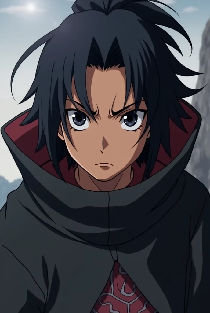 Young male ninja, with black eyes, ponytail hair, Cao Cao, serious look, brown-skinned complexion, Bblack hair, アニメ, akatsuki attire