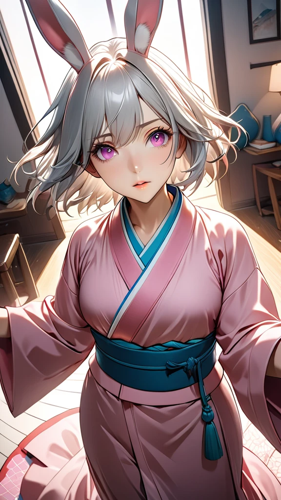 anime、((Amazingly absurd)),(masterpiece:1.2),超High resolution, Attention to detail, high quality, High resolution, 最high quality, 4K, 8k,short hair、Silver Hair,20-year-old beauty,Pink kimono,Medium Hair,  Pink eyes,Pink rabbit ears,The World of Makoto Shinkai,Ultra Wide Angle, 
