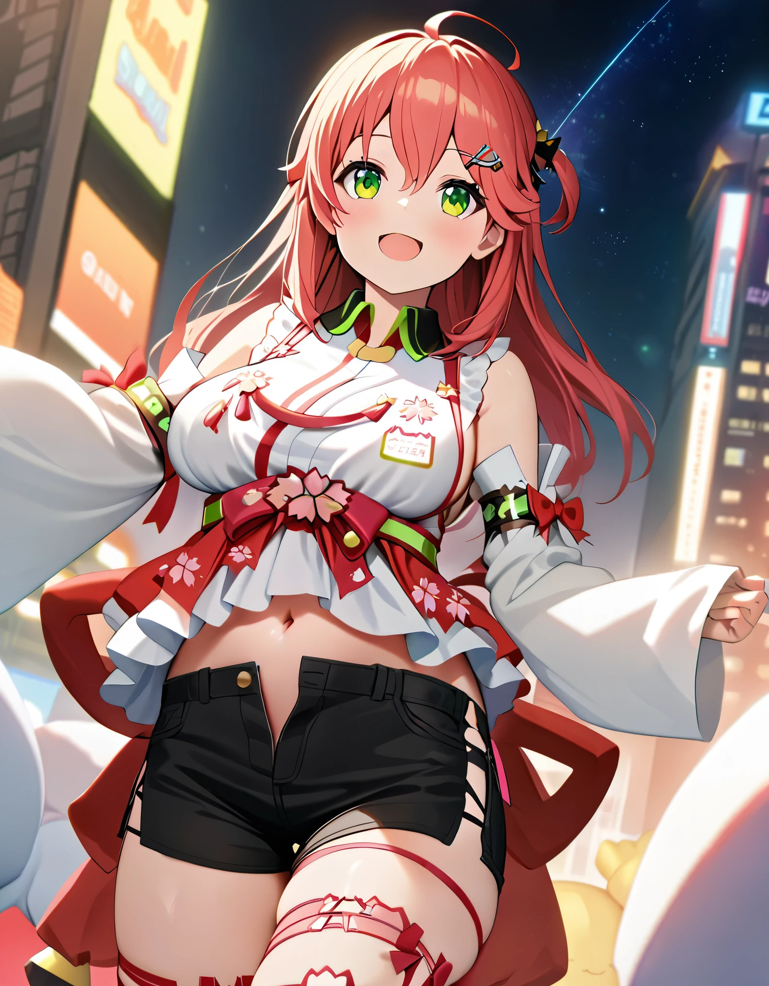 (8k、Best image quality、highest quality、masterpiece)、Detailed face、 1teen_girl、pink Hair、Long Hair、green_eyes、smile,(navel_peek)、(large_breasts),(White_short_T-shirt:1.3)、Off the shoulder、Black shoulder straps、(open_front_shorts,denim_short_shorts:1.2)、City Background, starry_sky_landscape ,sakura_miko,hololive,(covered_nipples:0.3), (belly_button:1.2),solo,stargaze,girl_looking_up_sky,shoot_boots,
