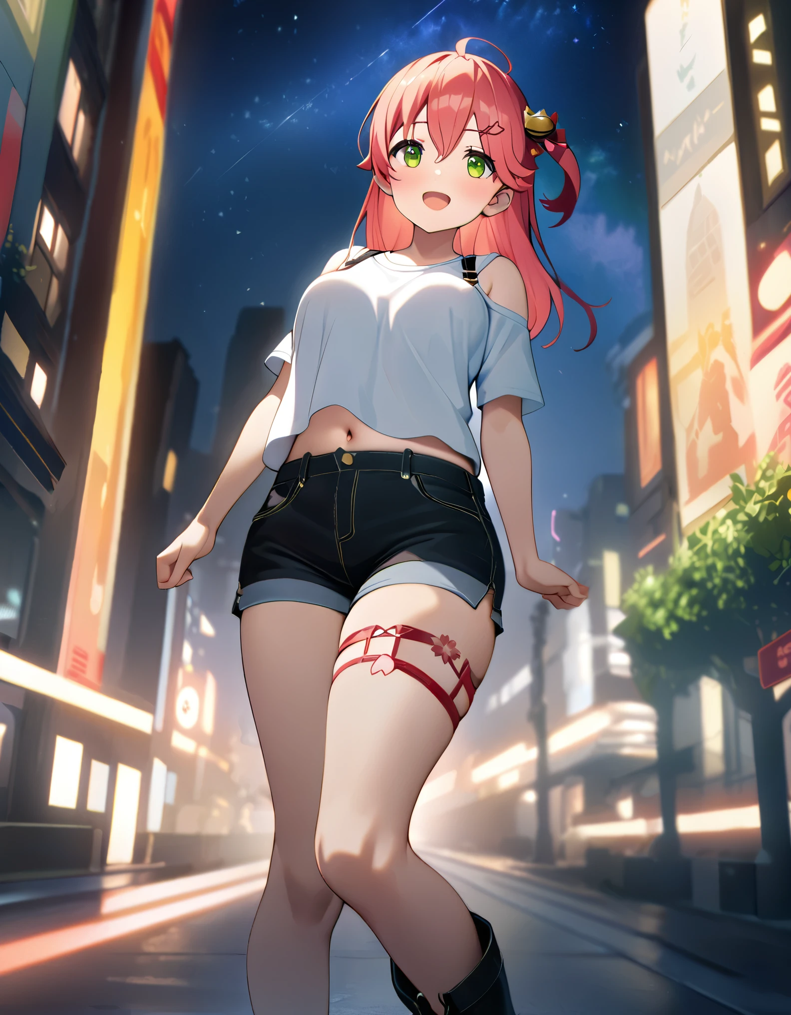 (8k、Best image quality、highest quality、masterpiece)、Detailed face、 1teen_girl、pink Hair、Long Hair、green_eyes、smile,(navel_peek)、(large_breasts),(White_short_T-shirt:1.3)、Off the shoulder、Black shoulder straps、(open_front_shorts,denim_short_shorts:1.2)、City Background, starry_sky_landscape ,sakura_miko,ho****ve,(covered_nipples:0.3), (belly_button:1.2),solo,stargaze,girl_looking_up_sky,shoot_boots,