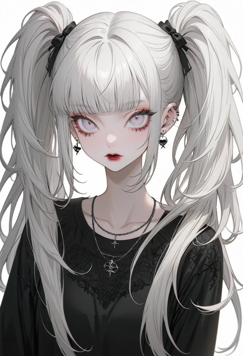 (Highest quality,Very detailed,High resolution:1.2),Albino beauty，Twin tails，Heavy bangs，Long eyelashes, Casual clothing，Cool look, Goth，