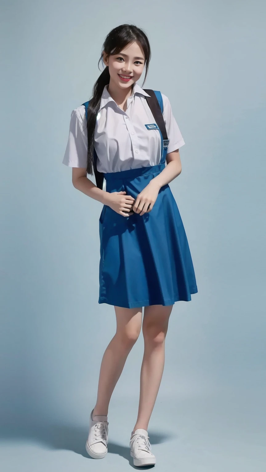 1girl with cute face smiling and black hair, model posing, standing, wearing white shirt, below-the-knee pinafore , (light blue uniform:1.2), "black shoes", white background, morning, full body, (masterpiece, top quality, best quality, official art, beautiful and aesthetic:1.2)