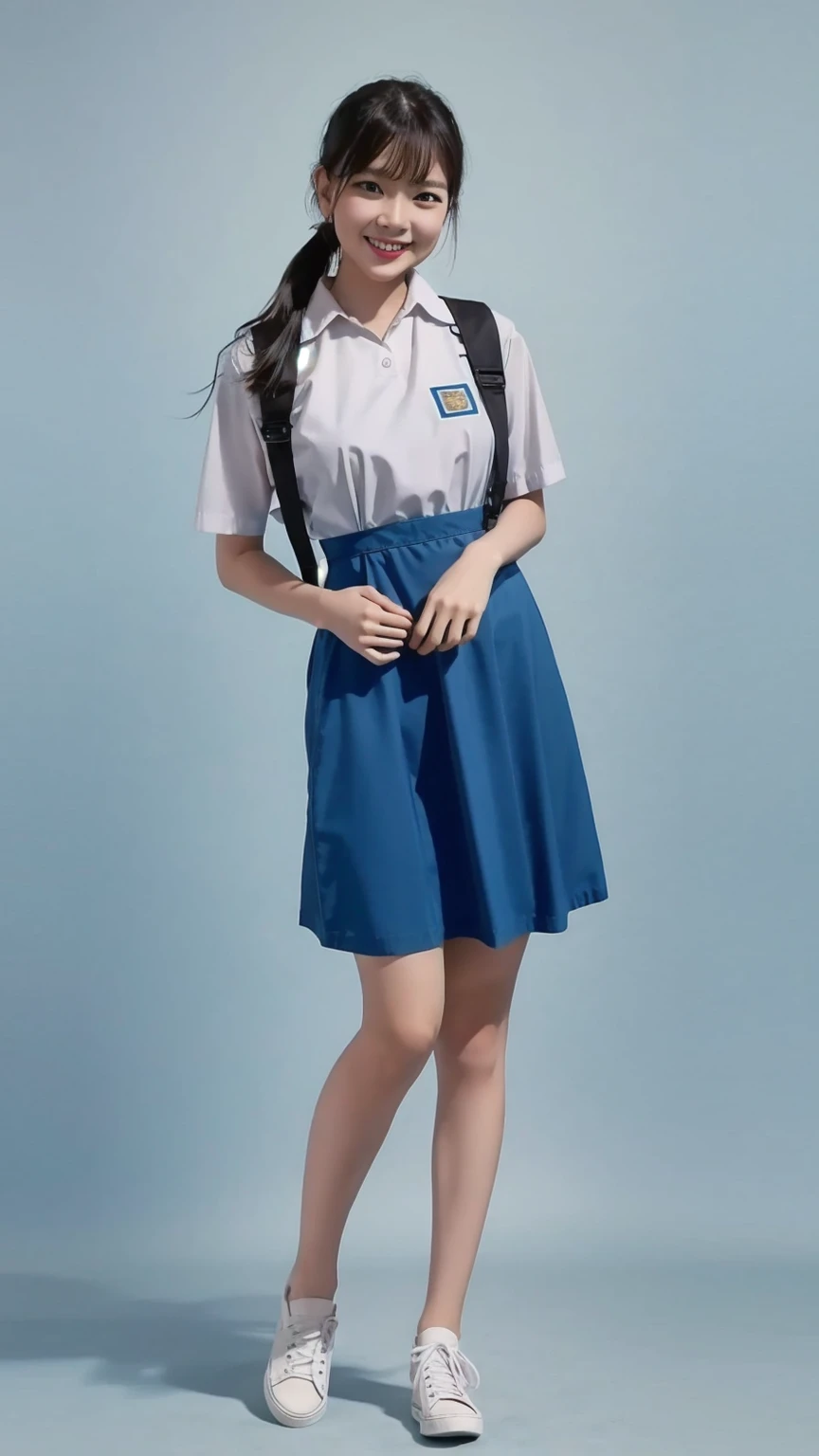 1girl with cute face smiling and black hair, model posing, standing, wearing white shirt, below-the-knee pinafore , (light blue uniform:1.2), "black shoes", white background, morning, full body, (masterpiece, top quality, best quality, official art, beautiful and aesthetic:1.2)