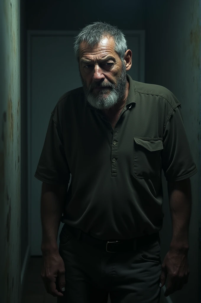 very detailed and extremely intricate 8k image in horror graphic novel style art of a 50 year old man, confused, very detailed eyes, dressed in black pajamas, walking in a hallway of a simple house with walls with worn paint, night