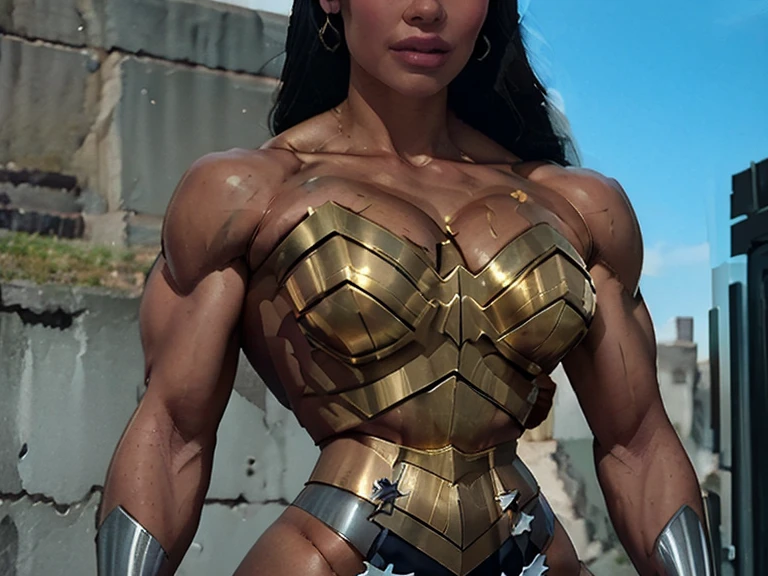 Spartan gold armor, spartan woman,Wonder Woman, DC, short skirt, human, naked, body muscle, sweat, pussy, wet pussy,high heels,buttocks,squirt,vaginal fluids,pubic hair,perfect face,wet ,oiled skin,perfect face,muscular thighs, Dua Lipa, Gothic art, Hyperrealism, High resolution, Versace Dress,