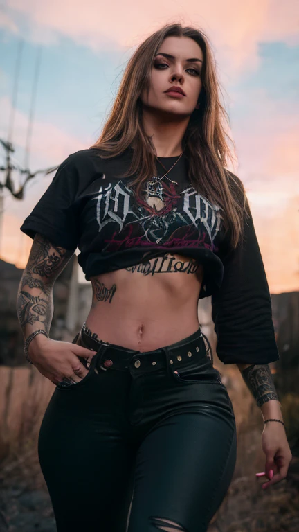 Best Quality,Masterpiece,Ultra High Resolution,(Realisticity:1.4),Original Photo,Cinematic Lighting, 1girl, solo, Metalhead Style girl in front of a christian church on fire at night, tattooed, wearing ripped black pants, black t-shirt, fit body, heavy metal style, photography, wojtek fus, heavy metal art style, angry gorgeous goddess, female vampire warrior, heavy metal concert. realistic, datailed, detailed face, 4K.