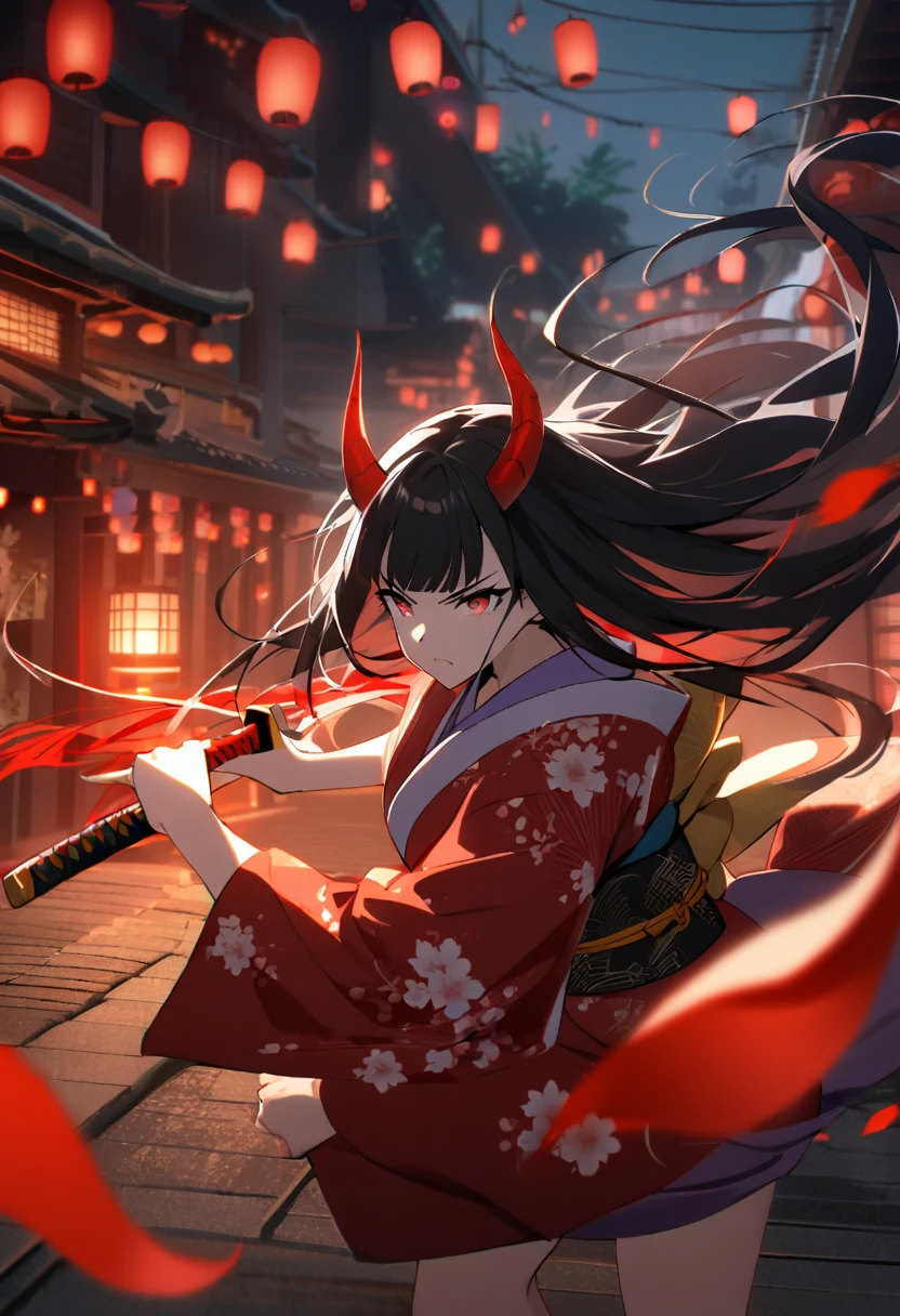 1girl, black hair, long flowing hair, sharp bangs, horns, demon girl, serious expression,holding glowing red katana, red dragon behind her, floral-patterned Japanese kimono, floating petals, Japanese urban nighttime, red lanterns, intense scene, mystical atmosphere, dynamic batle pose,action