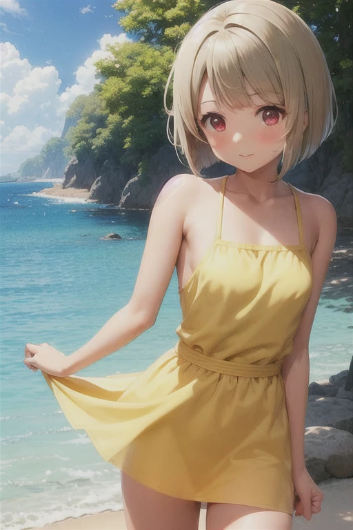 Tanned hair，Bobcut，short hair，ワンレングスBobcut，Asymmetrical Hairstyles，Long left hair，Red Eye，nakasu kasumi，Yellow camisole dress，Strong winds，Panty shot，Blushing face