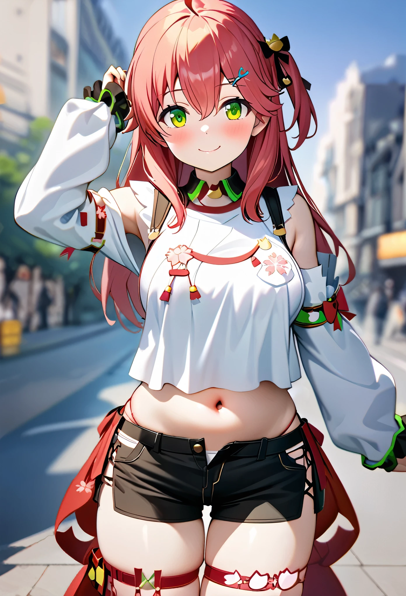 (8k、Best image quality、highest quality、masterpiece)、Detailed face、 1teen_girl、pink Hair、Long Hair、green_eyes、smile,(navel_peek)、(large_breasts),(White_short_T-shirt:1.5)、Off the shoulder、Black shoulder straps、(open_front_shorts,denim_short_shorts:1.2)、City Background, starry_sky_landscape ,sakura_miko,hololive,(covered_nipples:0.3), (belly_button:1.2),solo,stargaze,girl_looking_up_sky,shoot_boots,