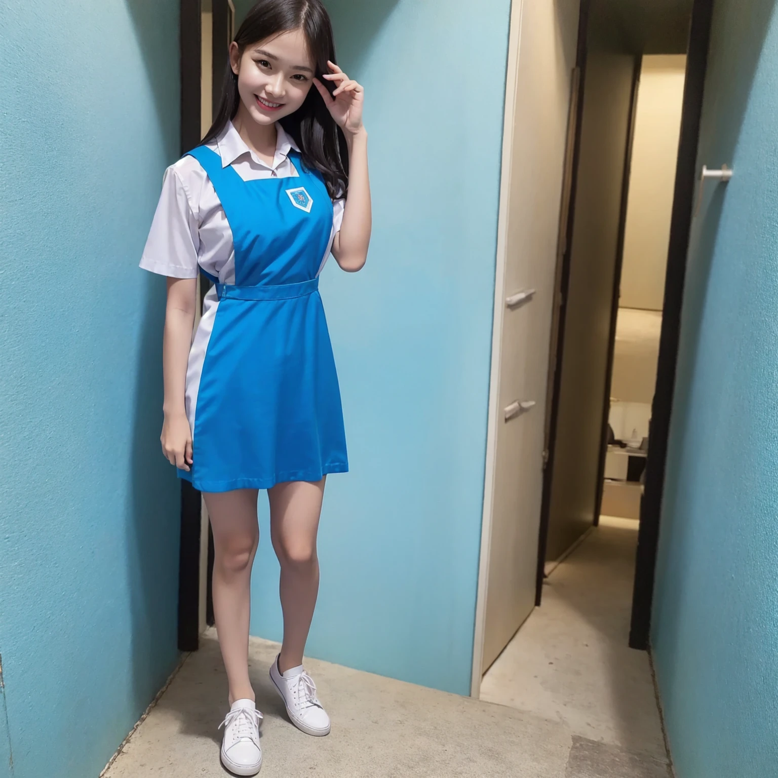 1girl with cute face smiling and black hair, medium breasts, model posing, standing, wearing white shirt, knee-length pinafore , (light blue uniform:1.2), black school shoes, white background, morning, full body, (masterpiece, top quality, best quality, official art, beautiful and aesthetic:1.2)