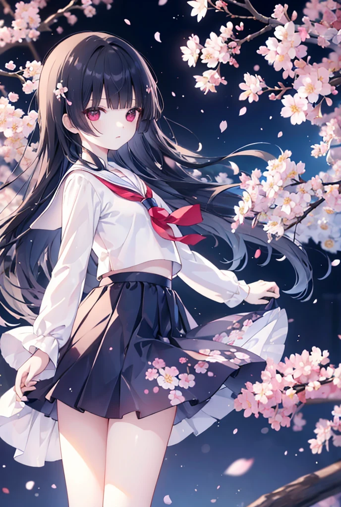 2girls、nightcity、Great body、Great legs、Sailor suit with blood on it、Wearing a cardigan、A dark-haired、Holding a weapon with blood on it、Cherry blossoms are dancing、poneyTail、Ordinary girl、Fighting with two、action