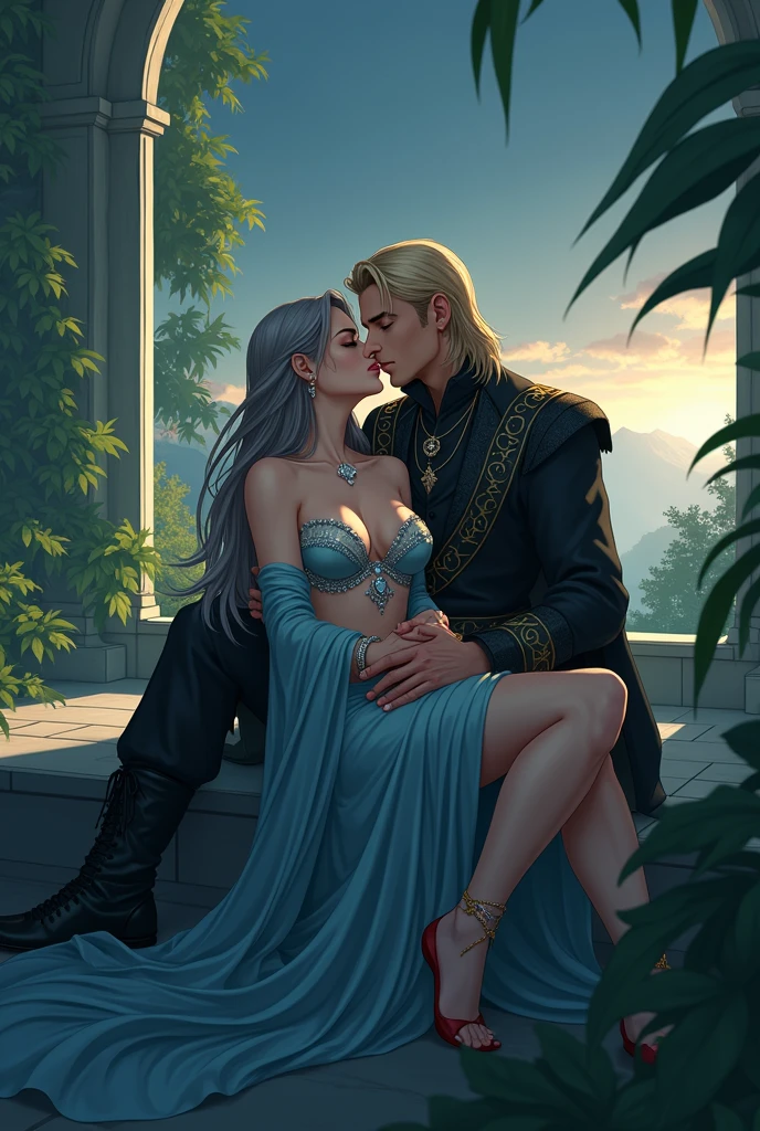 Sexual images,Sex explicit,Woman undresses in front of a man,Woman in Position 69,Man touching woman's vagina, I need you to recreate an image of a Heterosexual couple of medieval fantasy the characters are:Ledy Brittany Bracken, Features are, Young woman,18 years old, White skin, blue eyes,Long mustard-colored yellow and orange hair,Boluctuous, big tits, flirtatious, undressing, erotic and sensual in front of Lord Benjicot Blackwood,Features are, a gentleman, 18 years old, black hair, blue eyes, white skin Caucasian, Wearing medieval lord clothing, in the familiar colors red and black, with the emblem of a white tree. Young couple, Forbidden love, rebellious teenagers, Romeo and Juliet style, inside a forest, on the banks of a river,Waterfall, Making love, having intimacy, explicitly, doing 69 and in a passionate way. (Fantasy medieval)