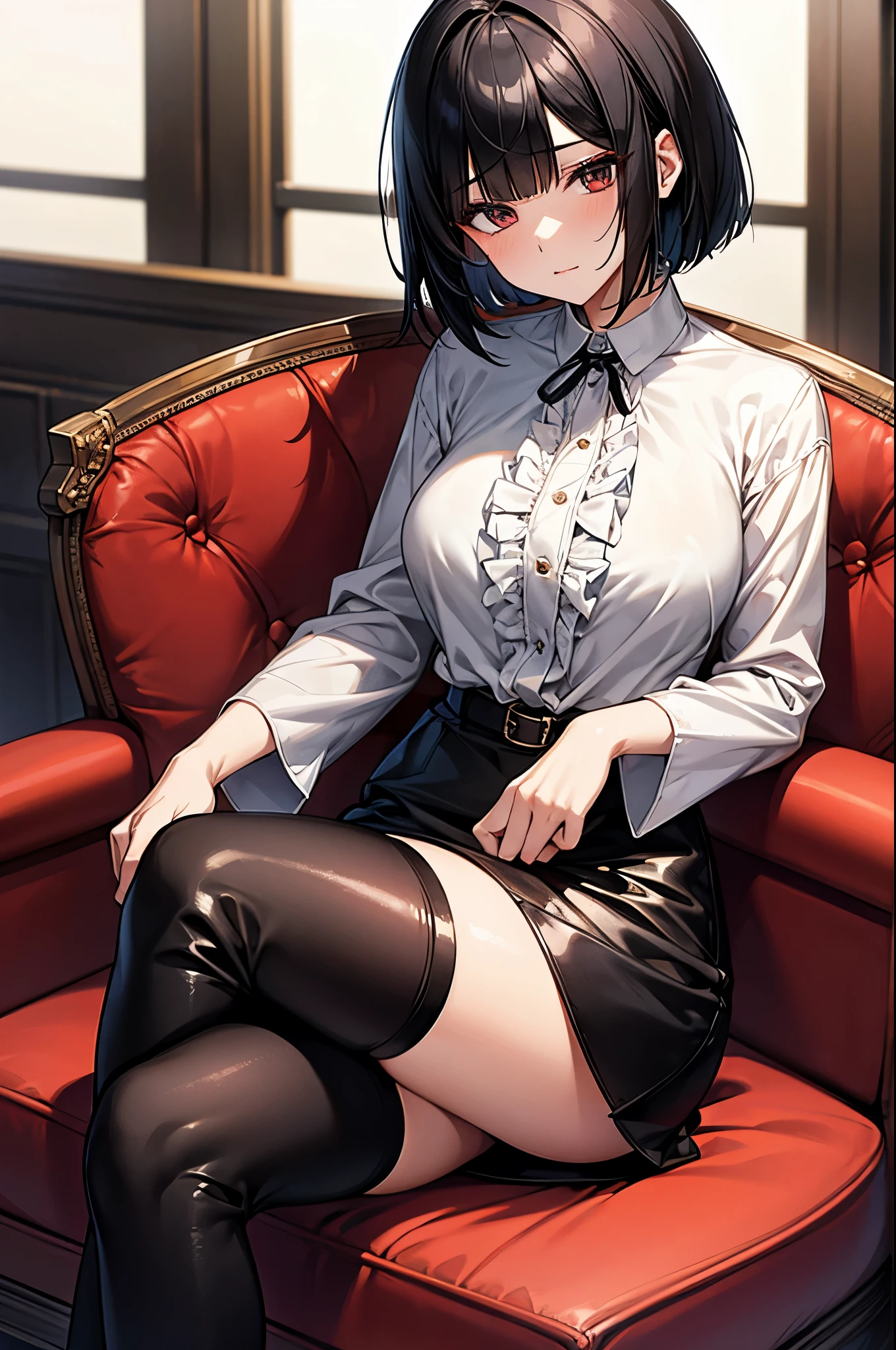 The Woman in Blacktights, Sitting on a chair, Short-haired girl with glasses, The facial expression is sexy, The thighs are exposed, short skirts