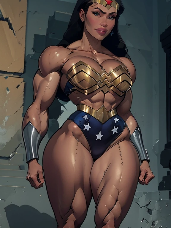 Spartan gold armor, spartan woman,Wonder Woman, DC, short skirt, human, naked, body muscle, sweat, pussy, wet pussy,high heels,buttocks,squirt,vaginal fluids,pubic hair,perfect face,wet ,oiled skin,perfect face,muscular thighs, Hyperrealism, High resolution, full body,standingn, muscular legs,muscular thighs,