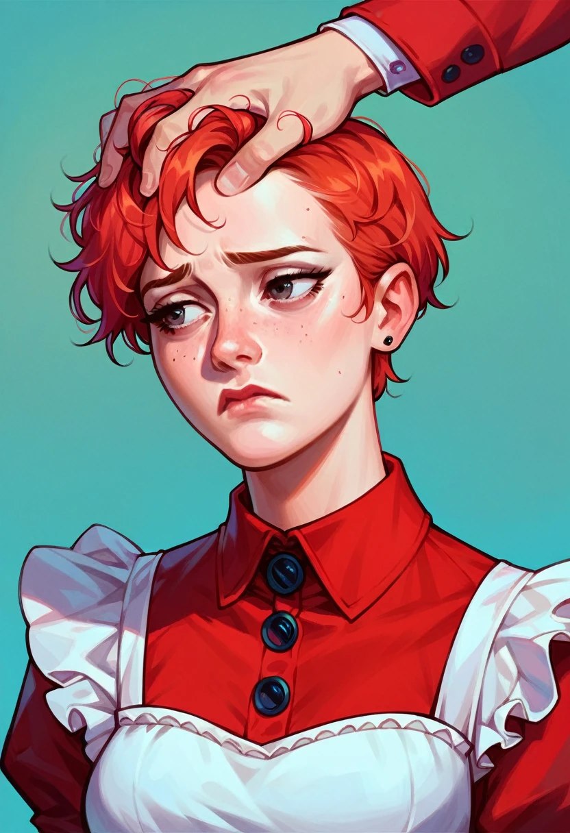 a woman with red hair, reddish makeup white skin, female magician
