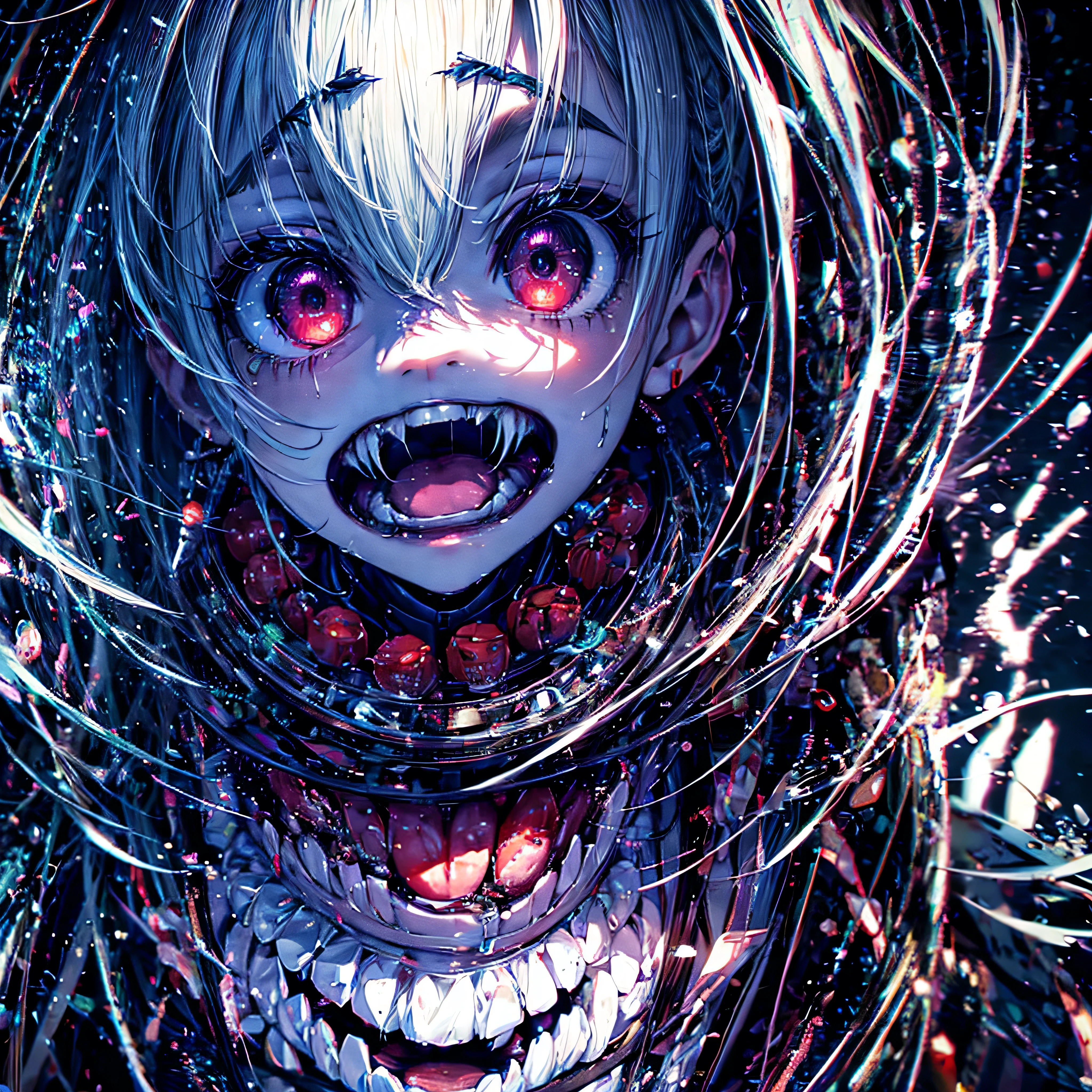 Messy hair, Mad eyes，Moles under eyes, poison fangs, Tongue stock, saliva, verbal invitation, Anime style, Motion blur, hyper HD, Anatomically correct, Textured skin, High details, High quality