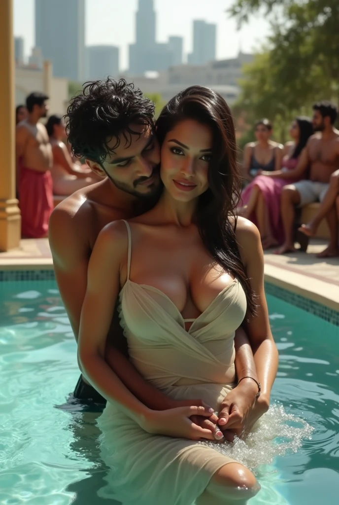 Indian brown mom in bikini,big Breasts,deep cleavage with a age lean boy wearing swimsuit, sedusing mom thick thighs, boy squeezing moms big breasts, side view,