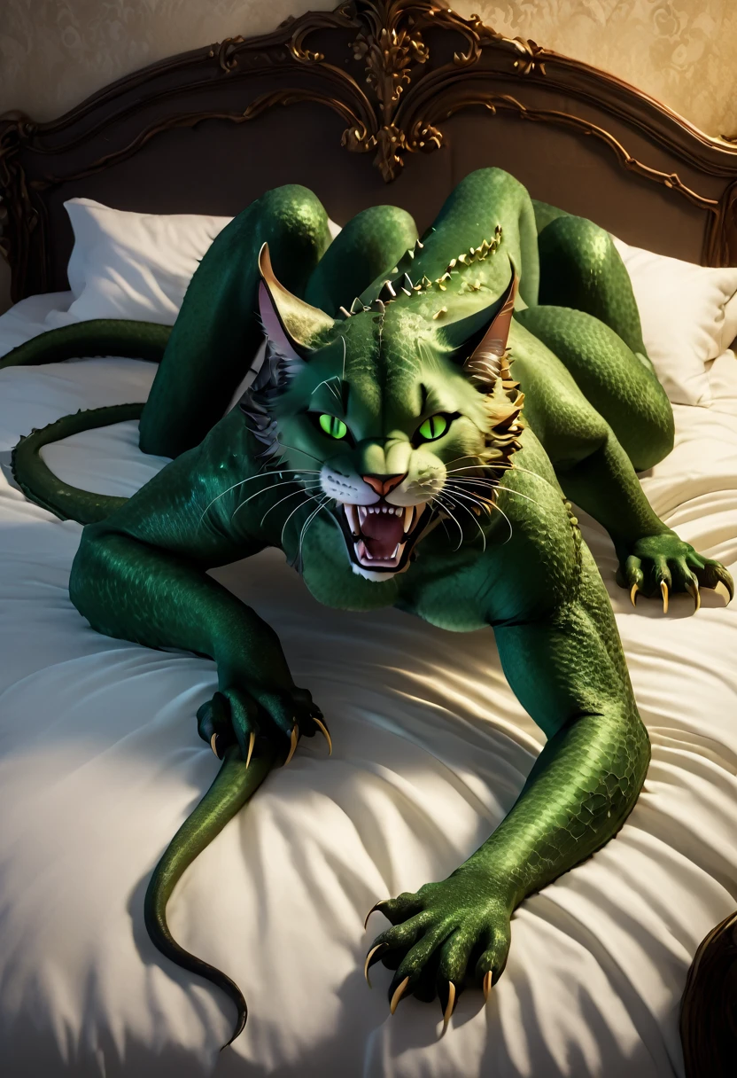 score_9, score_8_up, score_7_up, intricate details,  ((anthro)), anthro furry, feline, lies on his side on the bed, legs spread, lithe, slender, two large toothed tentacles, large fangs, hostile, black fur, green eyes, full body,  ((female breast)), nipples, feline pussy, pussy focus, pussy juice,  