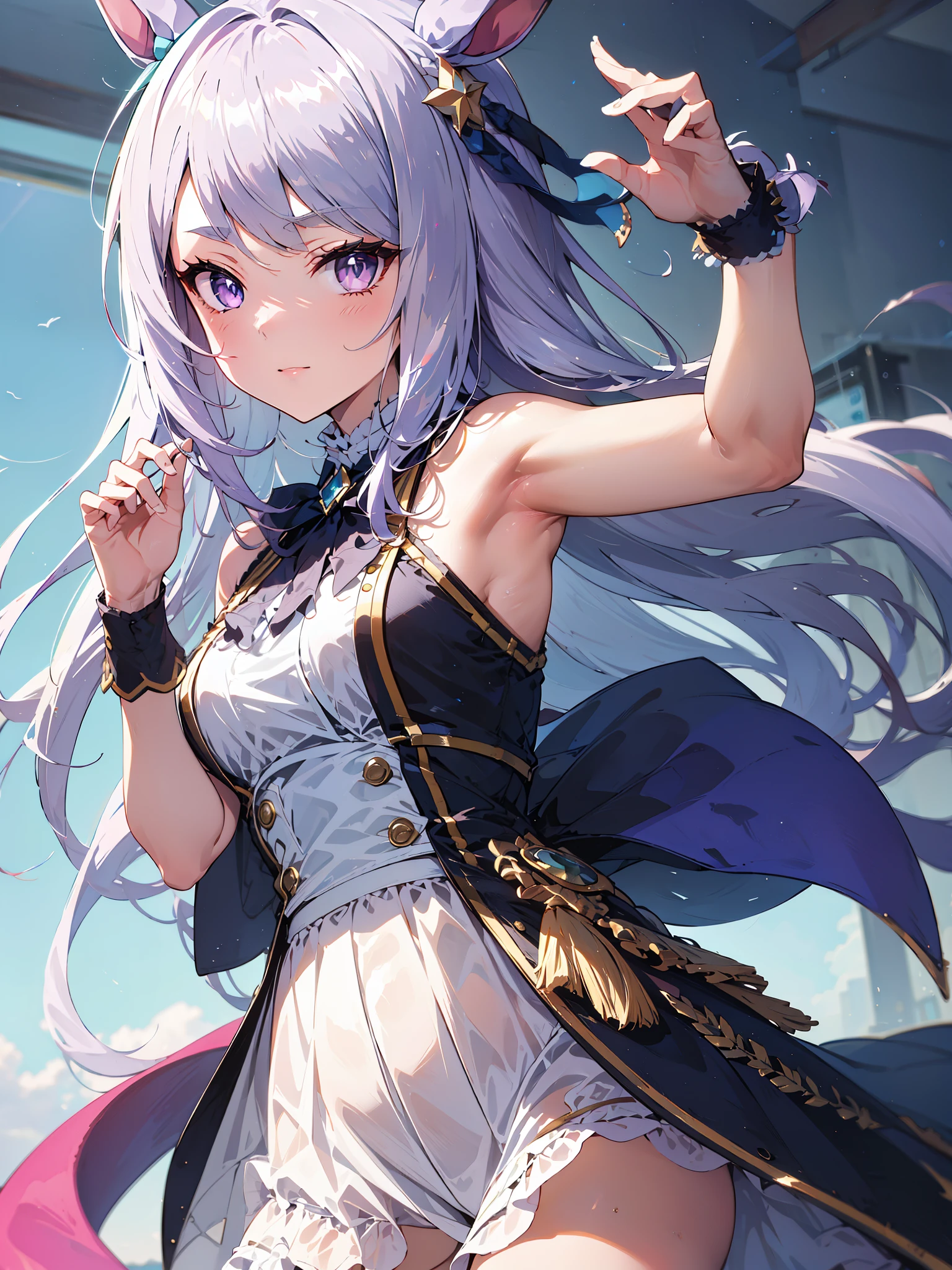Armpit Show,((masterpiece), (最high quality)) One girl, Mejiro McQueen, Mejiro McQueen\(Umamusume\), Silver Hair, Long Hair, Horse's ears, Horse Girl,, gloves, dress, Cleavage, [Bare shoulders, clavicle, white oprea gloves, white gloves, white dress, Strapless, White choker, Tiara, Veil, Strapless dress, wedding dress, bridal Veil, Beautiful woman, Perfect body, Perfect breasts, wearing a wedding dress, Night dress, Park trees々among, Wedding decorations, ["Gazing at the viewer, smile, realism, masterpiece, Textured skin, Super detailed, Attention to detail, high quality, 最high quality, 1080P,View your viewers,Mejiro McQueen,Horse Girl,Birthday: April 3,Height 159,B71W54H76,Voiced by Saori Onishi,A young lady born into the prestigious Mejiro family。Her elegant yet unassuming personality and dignity、他のHorse Girlの羨望の的である。His talent as a long-distance runner is top-notch.、A special race for the Mejiro family『Emperor's Cup』The first priority is to win。On weekends, the family enjoys afternoon tea together.。