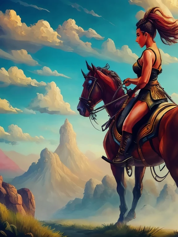 Create a digital painting in the Surrealist and Hyperrealist style, with a touch of fantasy of a female warrior character riding a horse