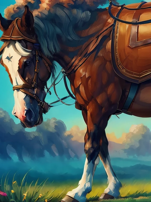 Create a digital painting in the Surrealist and Hyperrealist style, with a touch of fantasy of a female warrior character riding a horse