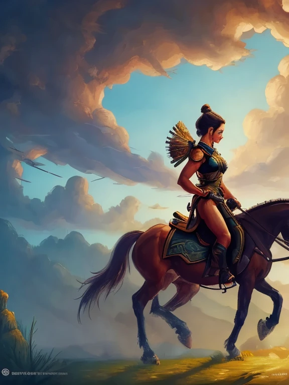 Create a digital painting in the Surrealist and Hyperrealist style, with a touch of fantasy of a female warrior character riding a horse